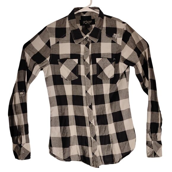 FOX Racing flannel shirt womens M Medium black check plaid long sleeve button - Picture 1 of 11